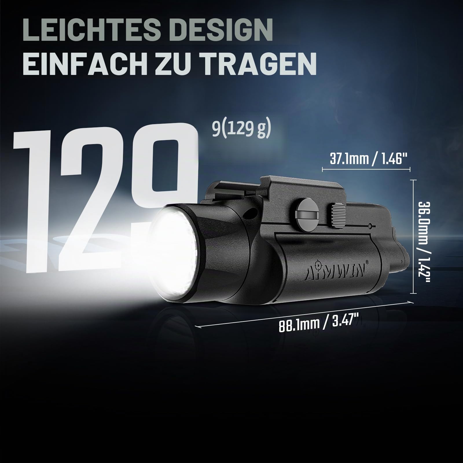 AIMWIN WL20 LED-Lampe, 2000 Lumen, wiederaufladbar, USB-C, lange Reichweite, 412 m, mit Stroboskop-Modus, kompatibel mit GL/Picatinny Schiene