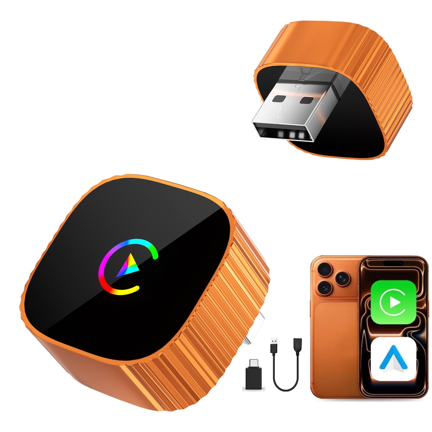 Photo 1 of 2-in-1 Wireless CarPlay for iPhone & Android Auto, Converts Wired to Wireless CarPlay, 2026 Upgrade, Faster & Stable, Plug & Play, 1080P HD Display, Mini Size, Orange, USB-A & Type-C Port
