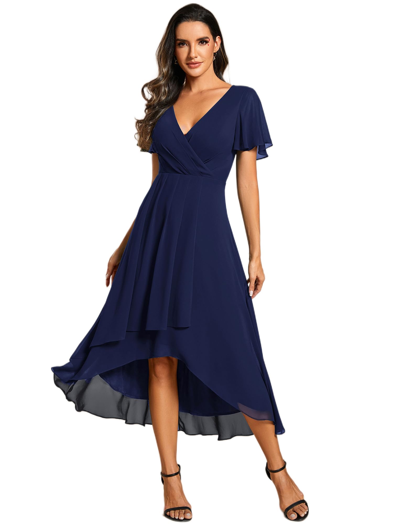 Ever-Pretty Abito da Ospite Scollo A V Maniche A Volant Gonna A Trapezio Abiti Cerimonia Donna Eleganti EG02084