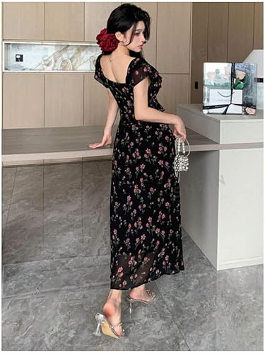 Mulvari Puff Allover flower Print Dress size (standerd) Black, One size from 50 to 80 Kg