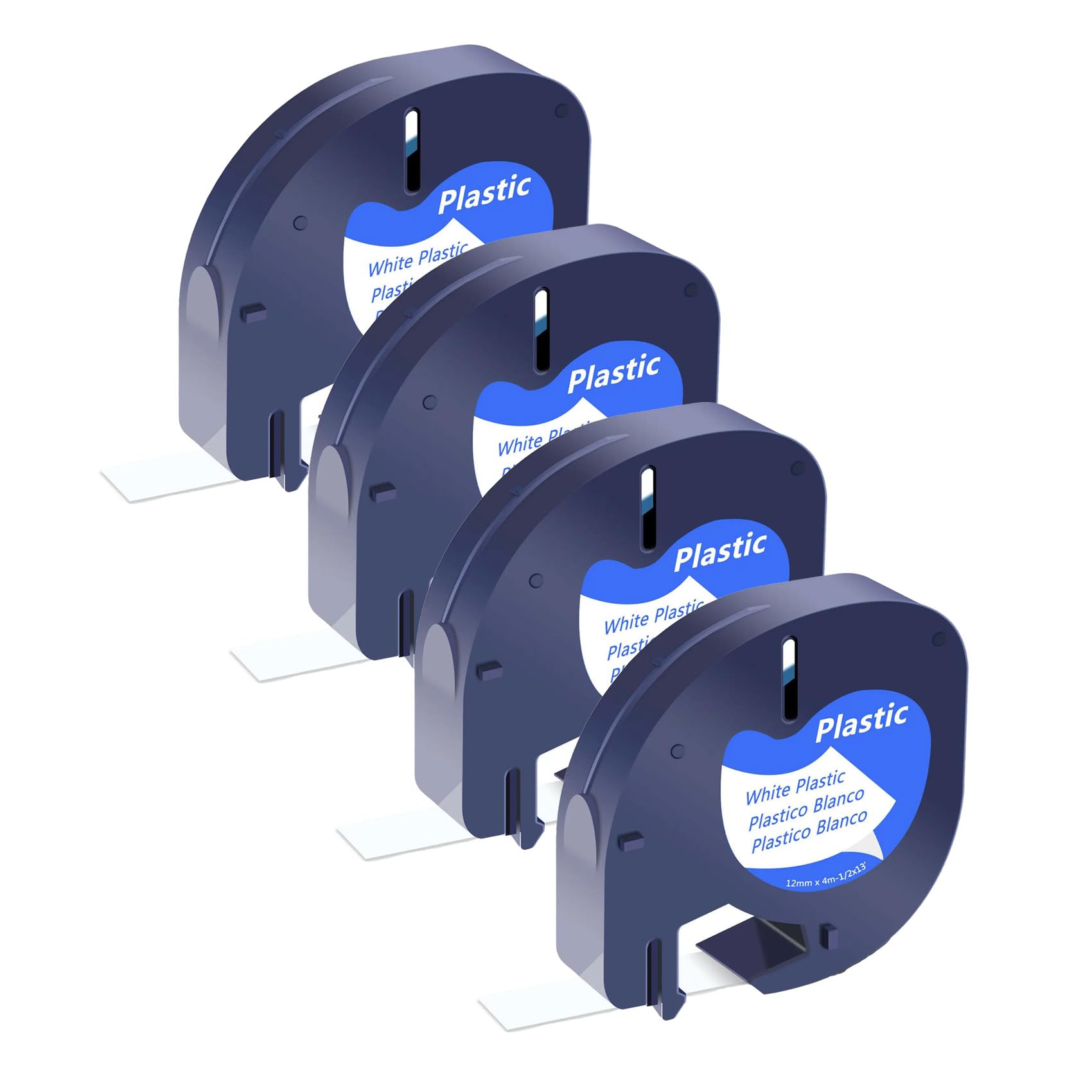 SHUBEIEUMI 4-Pack Label Tape Compatible with DY-MO Letratag Plastic White Tape, for DY-MO Letra Tag LT-100H 100T QX50 Label Maker, 12mm x 4m Black on White — image 1