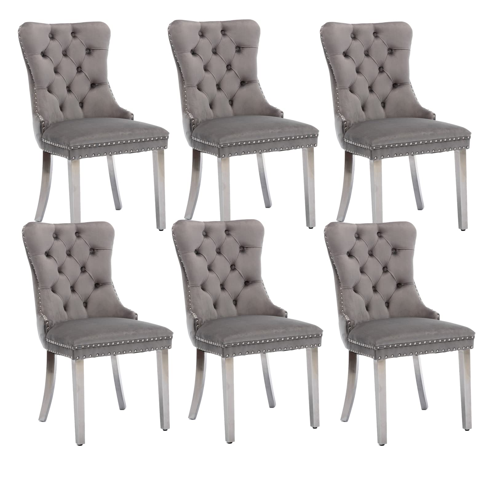 Shenyon Velvet Dining Chairs Set of 6, Upholstered Dining Room Chairs with Back Ring Pull Trim and Sliver Stainless Steel Legs,Modern Kitchen Chairs