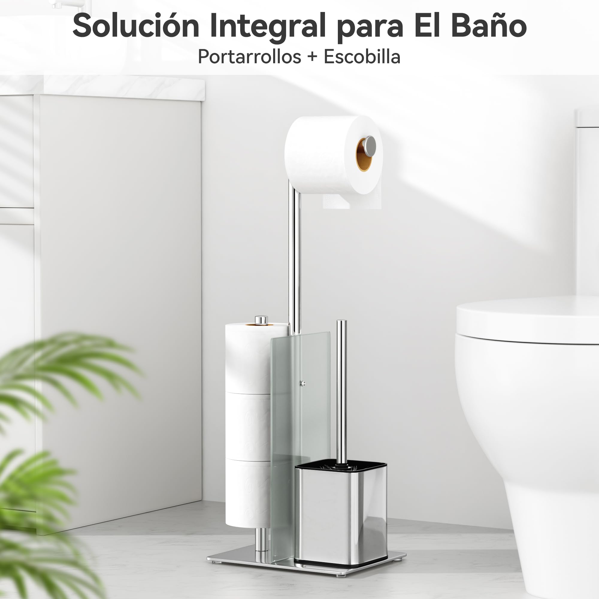 Portarrollos de pie con escobilla para inodoro - Portaescobilla y soporte para rollos de papel higiénico de pie con estante de vidrio, sin necesidad de taladrar, juego de accesorios para inodoro de