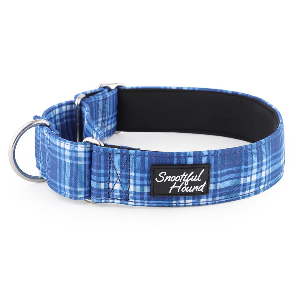 Snootiful Hound Padded Martingale Collar - Blue Tartan Check - Ideal for Greyhounds, Whippets, Lurchers and All Sighthound Breeds - Anti-Slip Collar (M 40-50cm)