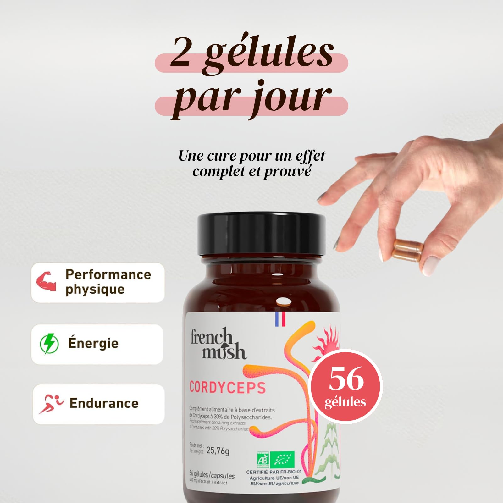 Cordyceps Bio - 56 Gélules Vegan - Champignon Pour Bien-Être, Performances Physiques, Énergie - 1 à 2 Gélules Par Jour - Complément Cordyceps Mushroom, Fabriqué en France