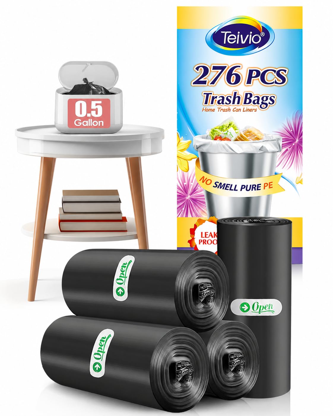 Teivio Mini Black Trash Bags 0.5 Gallon 276 Count 11"x12" Unscented