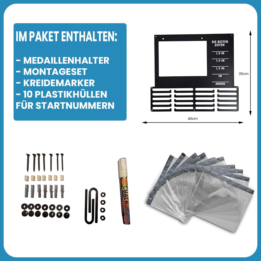 Porte-médailles de triathlon avec pochettes pour dossard – Les meilleurs temps – Support pour médailles de triathlon et records personnels (1/8, 1/4, 1/2, Ironman) – Cadeau pour triathlète