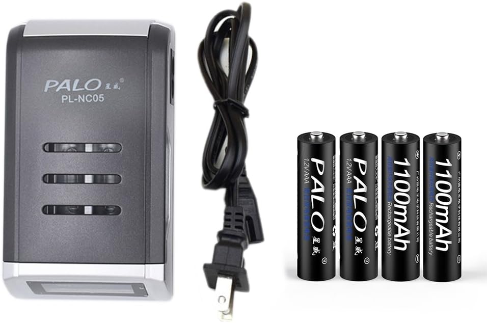 PALO Charger Universal 4 Slots LCD Display Smart Intelligent Battery Charger with 4PCS 1100mAh AAA NiCD NiMH Rechargeable Batteries (with 4PCS AAA Batteries)