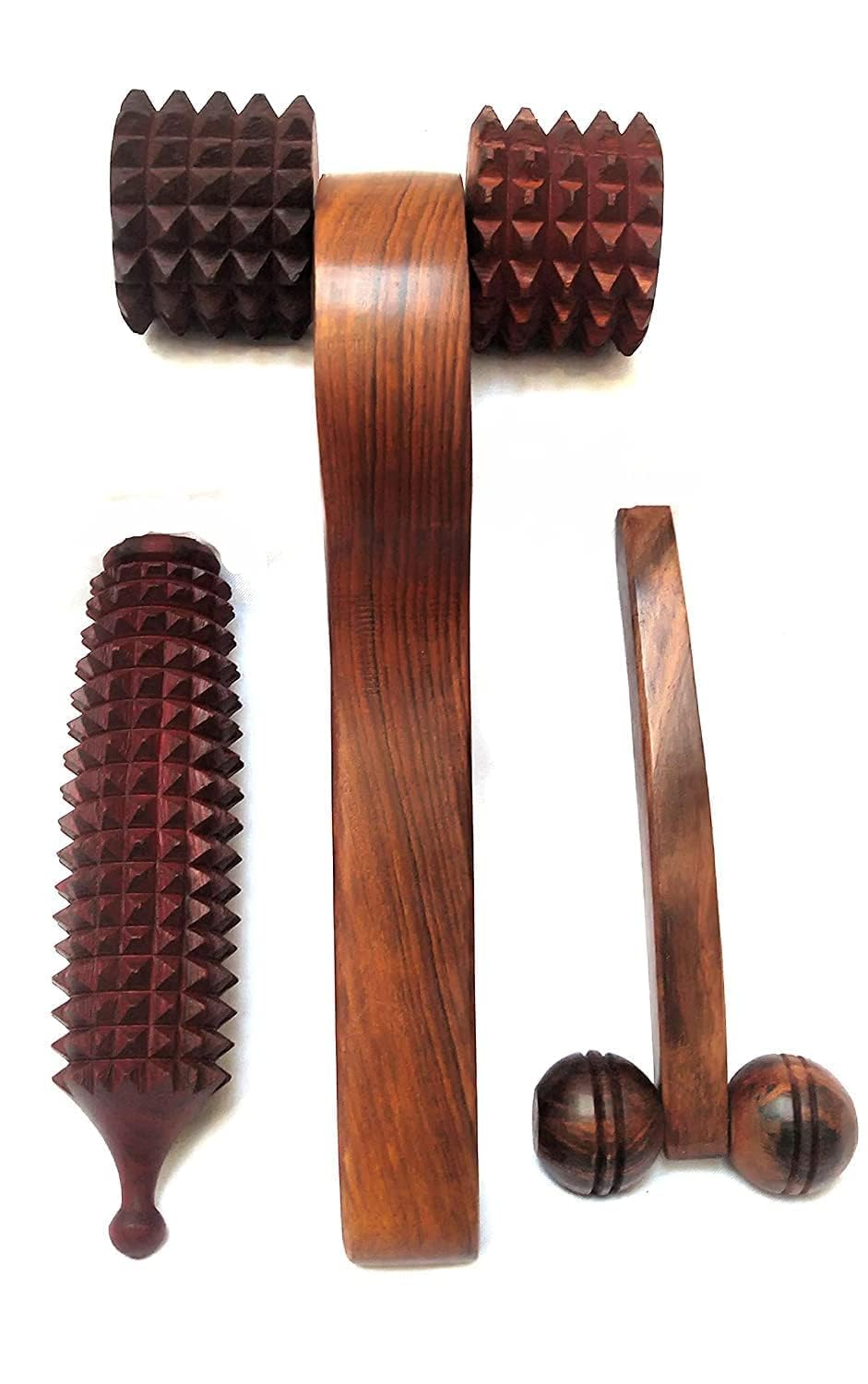 Wooden massager acupressure spine back massager (size 10 inch) + face massager,neck massager (size 6 inch) + hand roller, foot massager pure sheesham wood -Pack of 3
