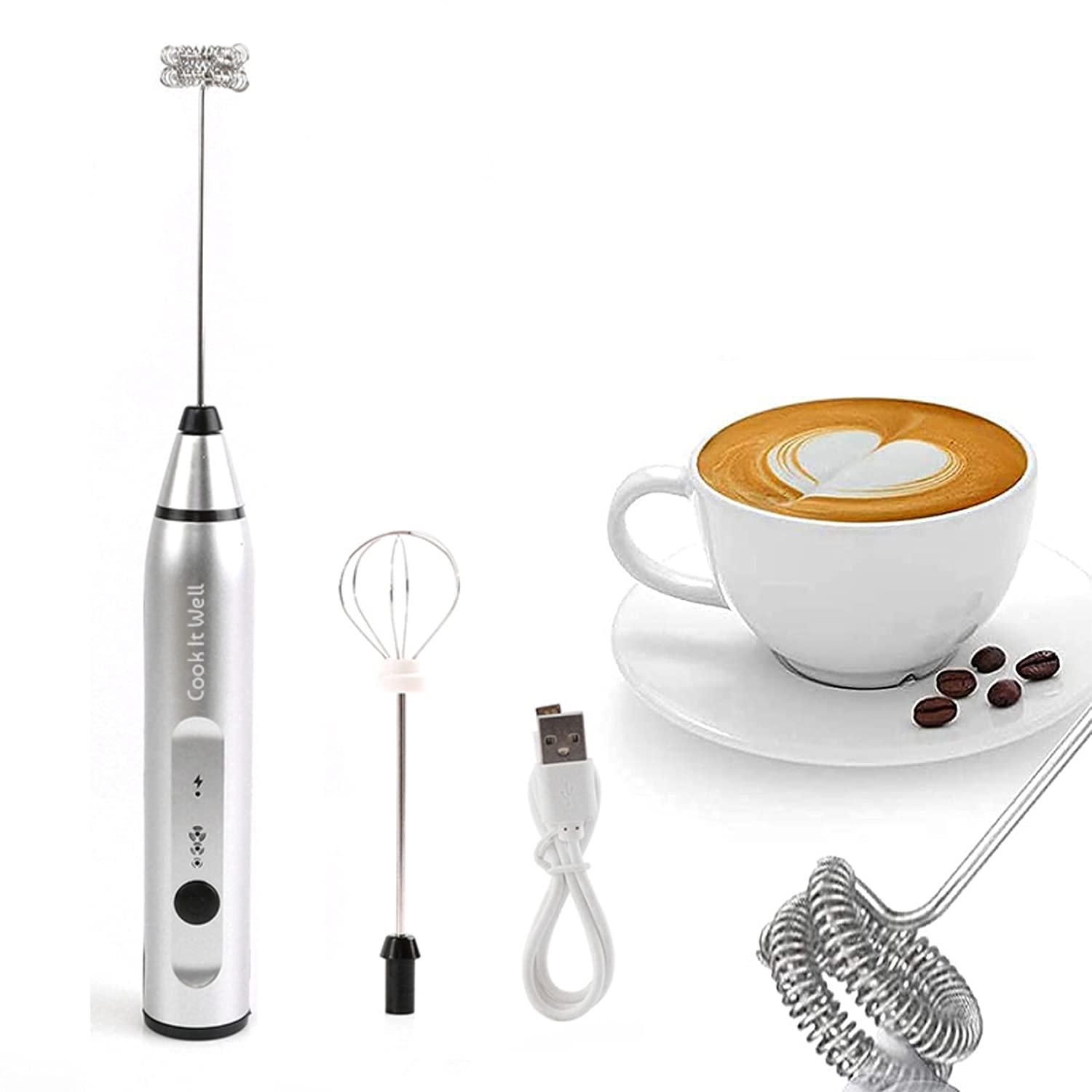 COOK IT WELL® Milk Frother Usb Rechargeable with 2 Whisks, 3 Speeds, Hand Blender Electric Foam Maker, Durable/Portable For Turkish Coffee Mixer Grinder Baking Egg Beating Chocolate Milk/Smoothie