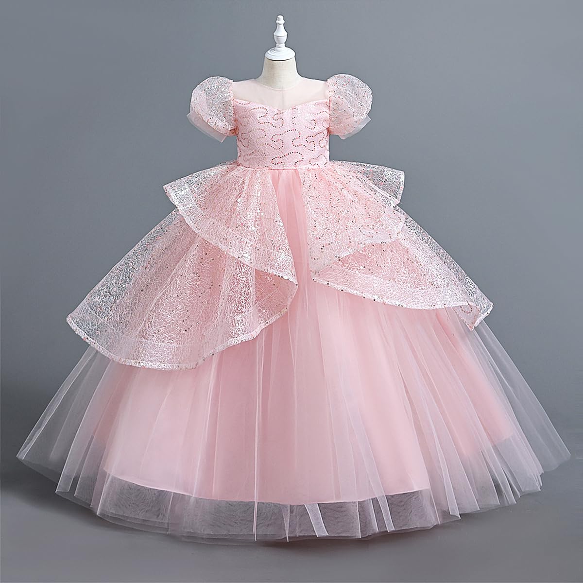 deAO Girls Princess Dress Up Costume, 3 Colors Pink Blue Yellow Fancy Party Dress Outfit, Puff Sleeve Long Dress Pretend Play Birthday Halloween Cosplay Dress, for 5-14 Years Old Kids (Pink, 140 cm)