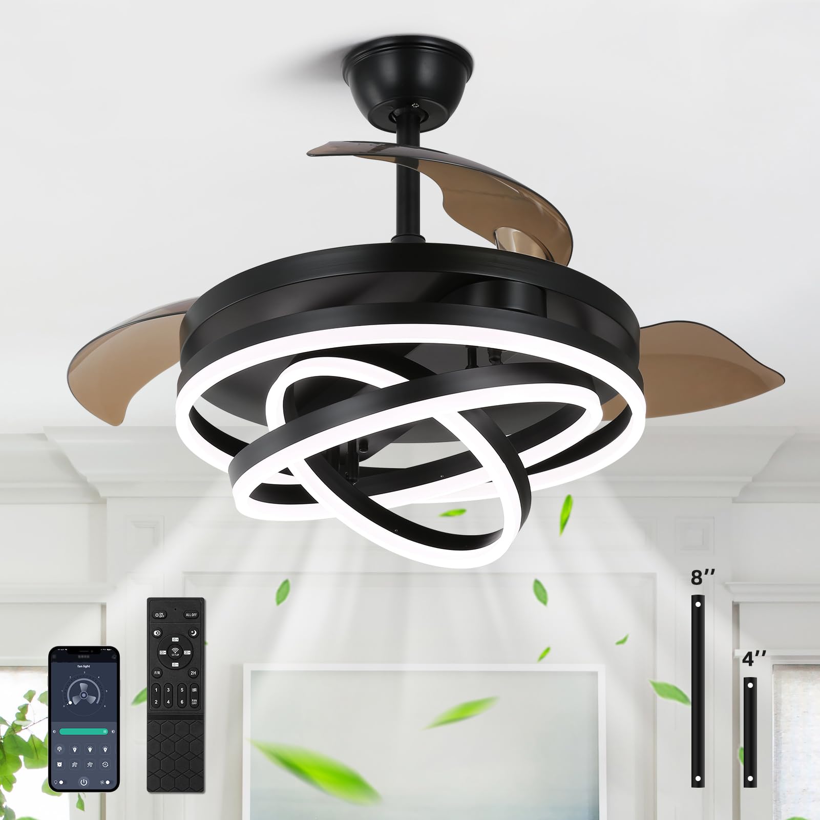 Retractable Ceiling Fan with Lights and Remote/APP Control,Dimmable,Timer Setting,6 Speed,42 Inch Modern Chandelier Ceiling Fan for Bedroom/Living Room/Kitchen/Kis Room/Patio