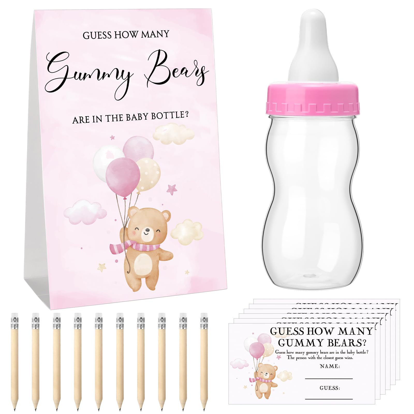 Outus 112 Pcs Baby Shower Games Guess How Many Bears Sign 100 Guessing Game Cards 10 HB Pencils 1 750 ml Cute Bottle for Guests Gender Reveal Party