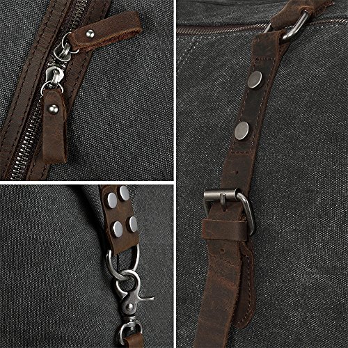 BLUBOON Canvas Overnight Bag Travel Duffel Genuine Leather for Men and Women Weekender Tote (Dark Grey)