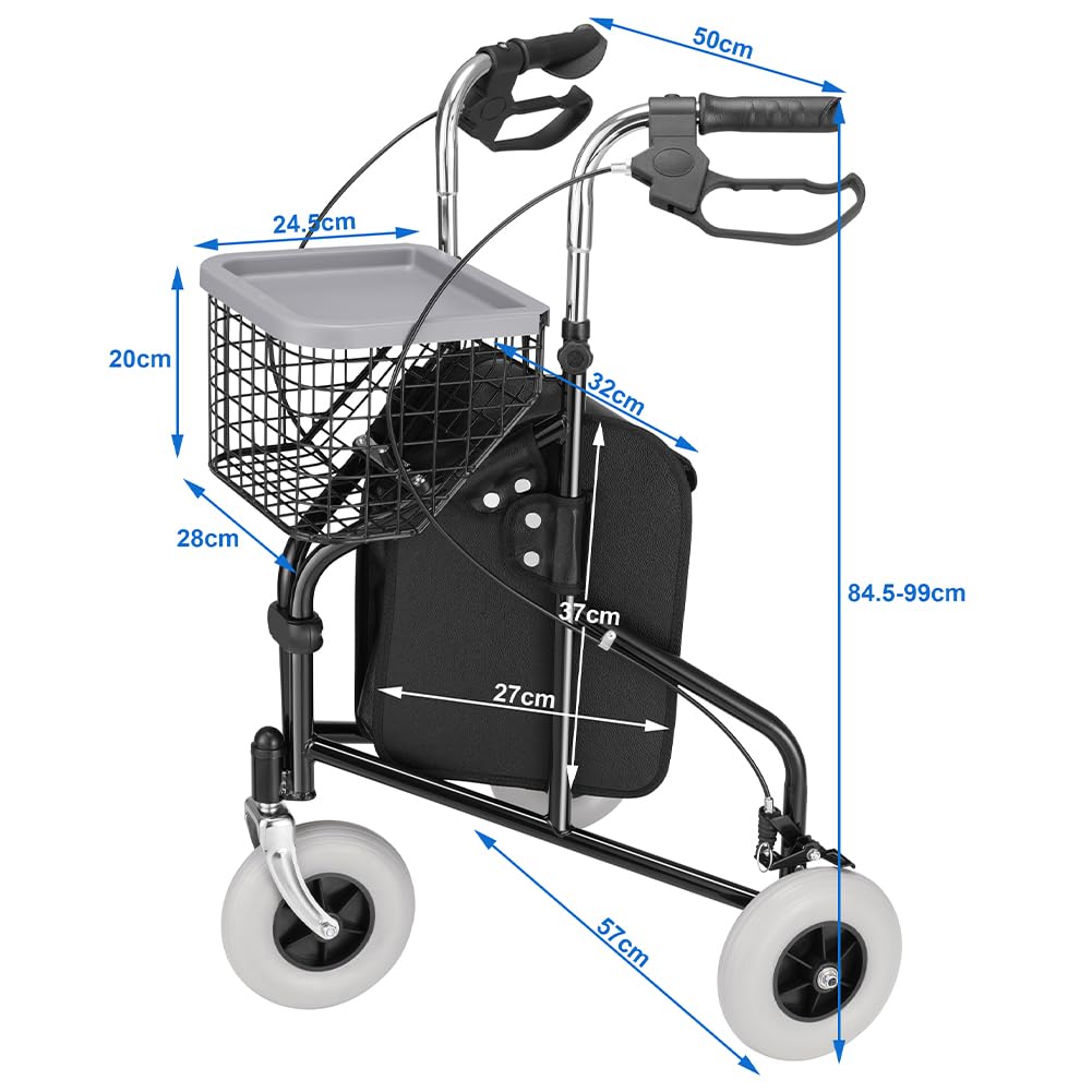 BAKAJI Deambulatore a 3 Ruote per Anziani, Disabili, Persone con Mobilità Ridotta, Walker Ergonomico con Freni e Carrello Portatutto, Borsa Portaoggetti con Zip, Struttura Rinforzata Capacità 136 kg