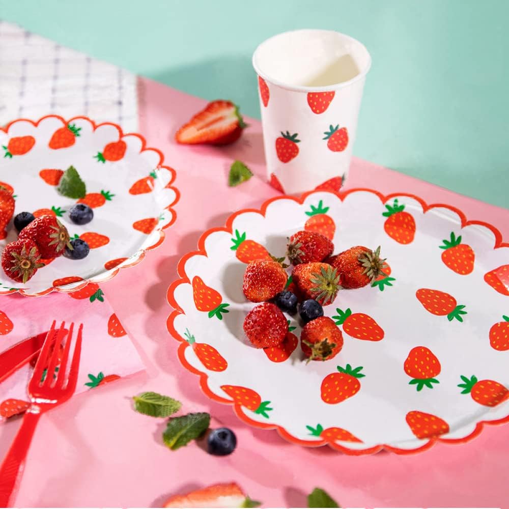 64 Piece Strawberry Party Cutlery Set for 16 People - Birthday Table Decoration Supplies, Summer Fruit Paper Plates, Napkins, Forks - Red