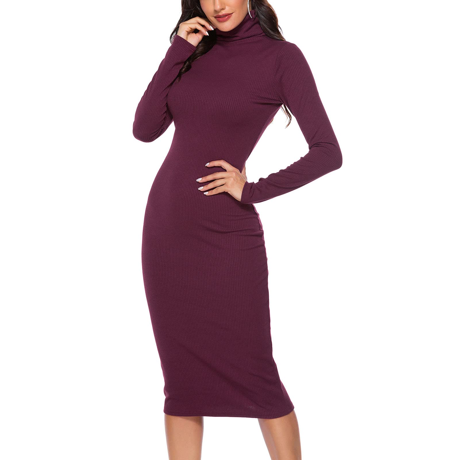 Ejoyous Robe Tricotée pour Femmes Robe à Col Roulé à Manches Longues Mini Robe Moulante Pull Tricoté Robe Portefeuille Robe Pull(XL-Vin Rouge)
