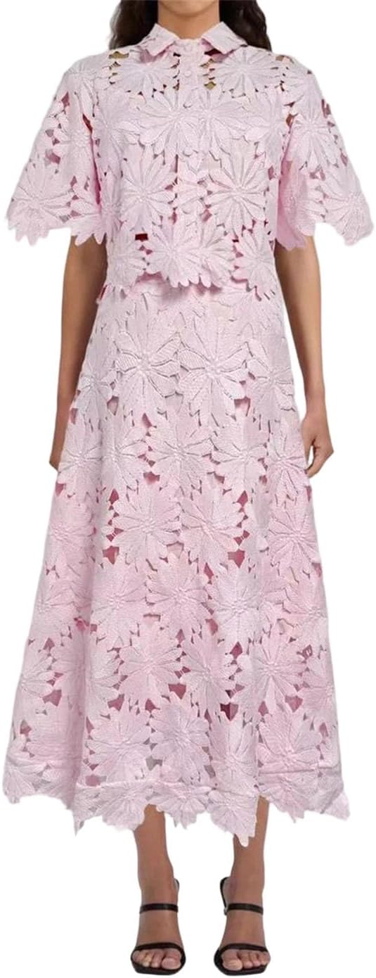Women Hollow Out Two Piece Skirt Set Lapel Short Sleeve Button Top High Waist Skirt