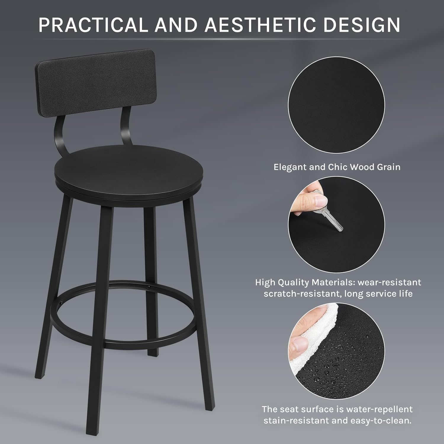 Image illustrating the practical and aesthetic design of the WOLTU bar stool, highlighting elegant wood grain, high-quality wear-resistant materials, and water-repellent, easy-to-clean seat surface.