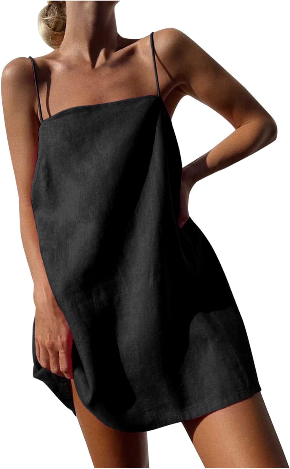 Women Spaghetti Strap Cotton Tank Dresses Linen Mini Dress Sleeveless Short Sundress Beach 2024 Vacation Outfit