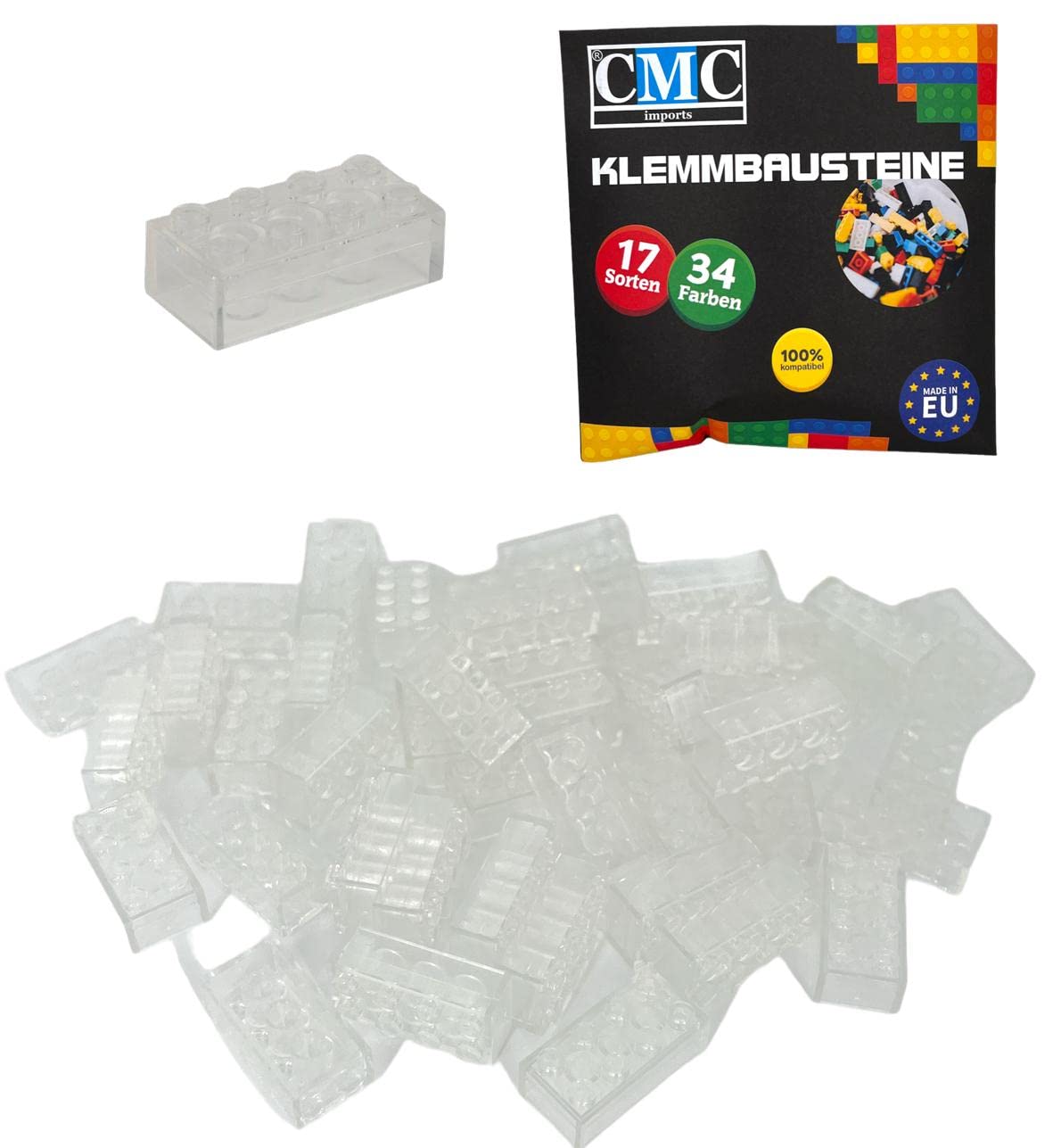 150 Clamping Blocks, Building Blocks, 2 x 4 Nubs, Compatible with 8 Nubs, Free Selection, 34 Colours (920 - Clear Transparent)