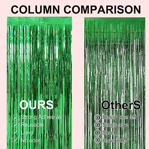 Image of 2 Pack 3.28 ft x 6.56 ft Green Tinsel Curtain Party Backdrop Decorations, Metallic Foil Fringe Backdrop Door for Halloween, Christmas, Birthday Graduation Wedding Party Streamers Photo Backdrop.