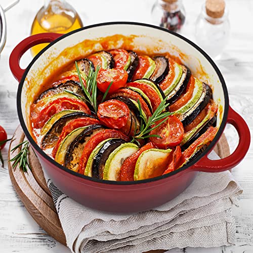 Joeji's Kitchen Cast Iron Casserole Dish with Lid for Oven and Hob Non-stick Dutch Oven Enamelled Casserole Pot for Hob and Oven Versatile 28 cm 2.7L Cookware for Stew Slow Roasts Baking Red - Image 7
