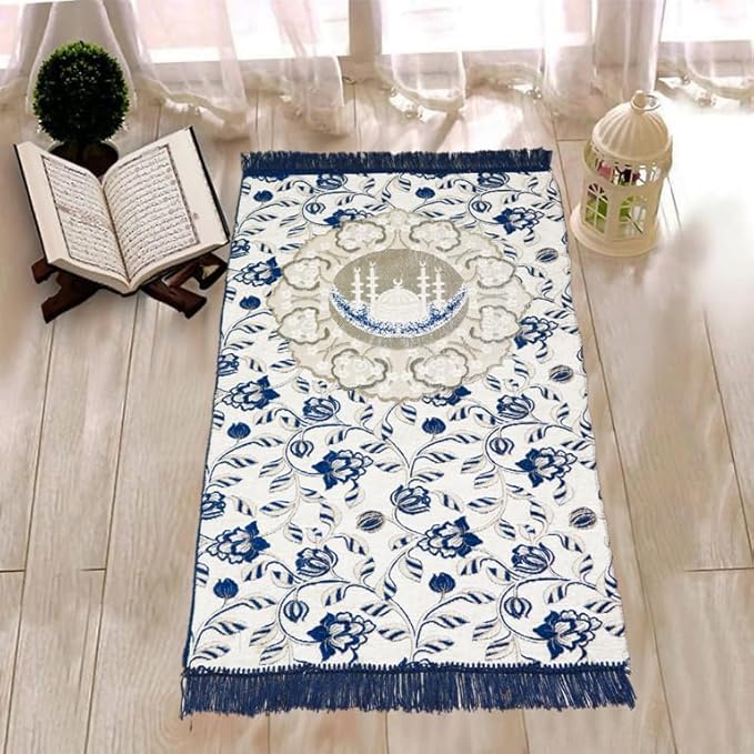TIJANE Premium Floral Chenille Janamaz Prayer mat for Muslim 27X50 inches | Prayer Mat Floral Janamaz for Namaz Islamic Prayer mat Floor mat Rugs | Reactangular (Blue)-image-6
