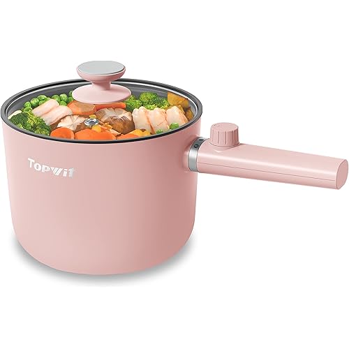 Topwit Hot Pot Electric, 1.5L Ramen Cooker, Portable Non-Stick Frying Pan, Electric Pot for Pasta, Steak, BPA Free, Electric Cooker with Dual Power Control, Over-Heating & Boil Dry Protection, Pink