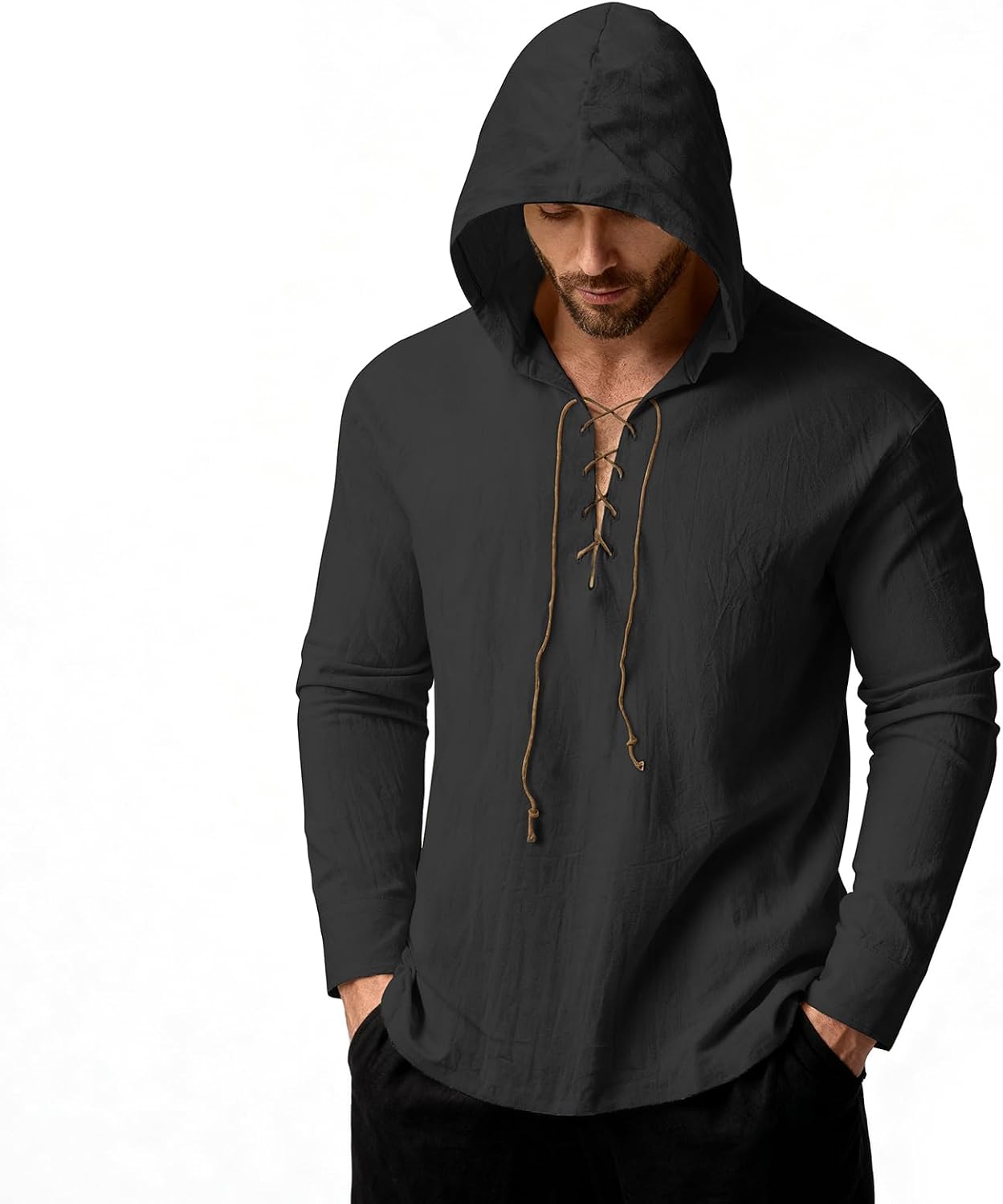 Renaissance Costume Men Pirate Viking Hooded Shirt Medieval Tunic Renaissance Ren Faire Outfit Pirate Top