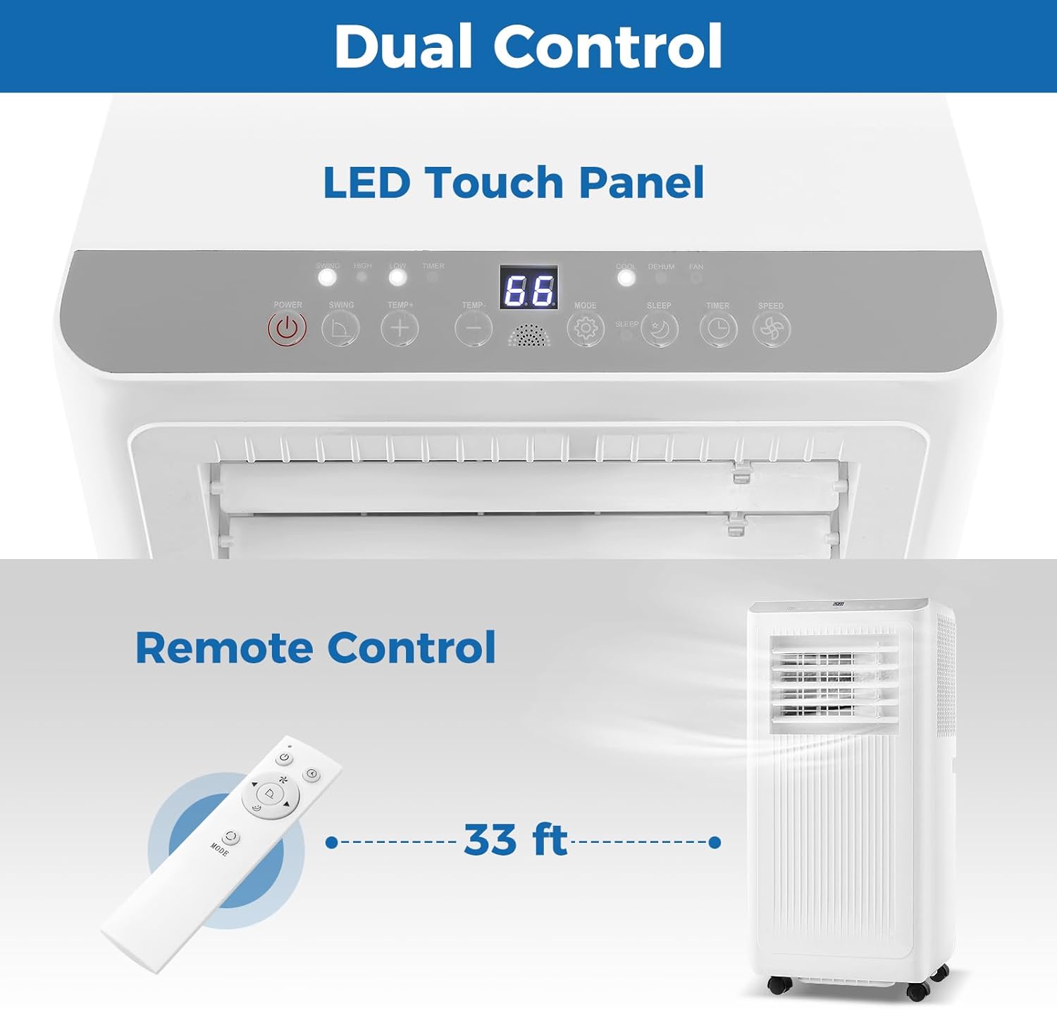 Close-up of the LED touch panel and the remote control for the DORTALA portable air conditioner
