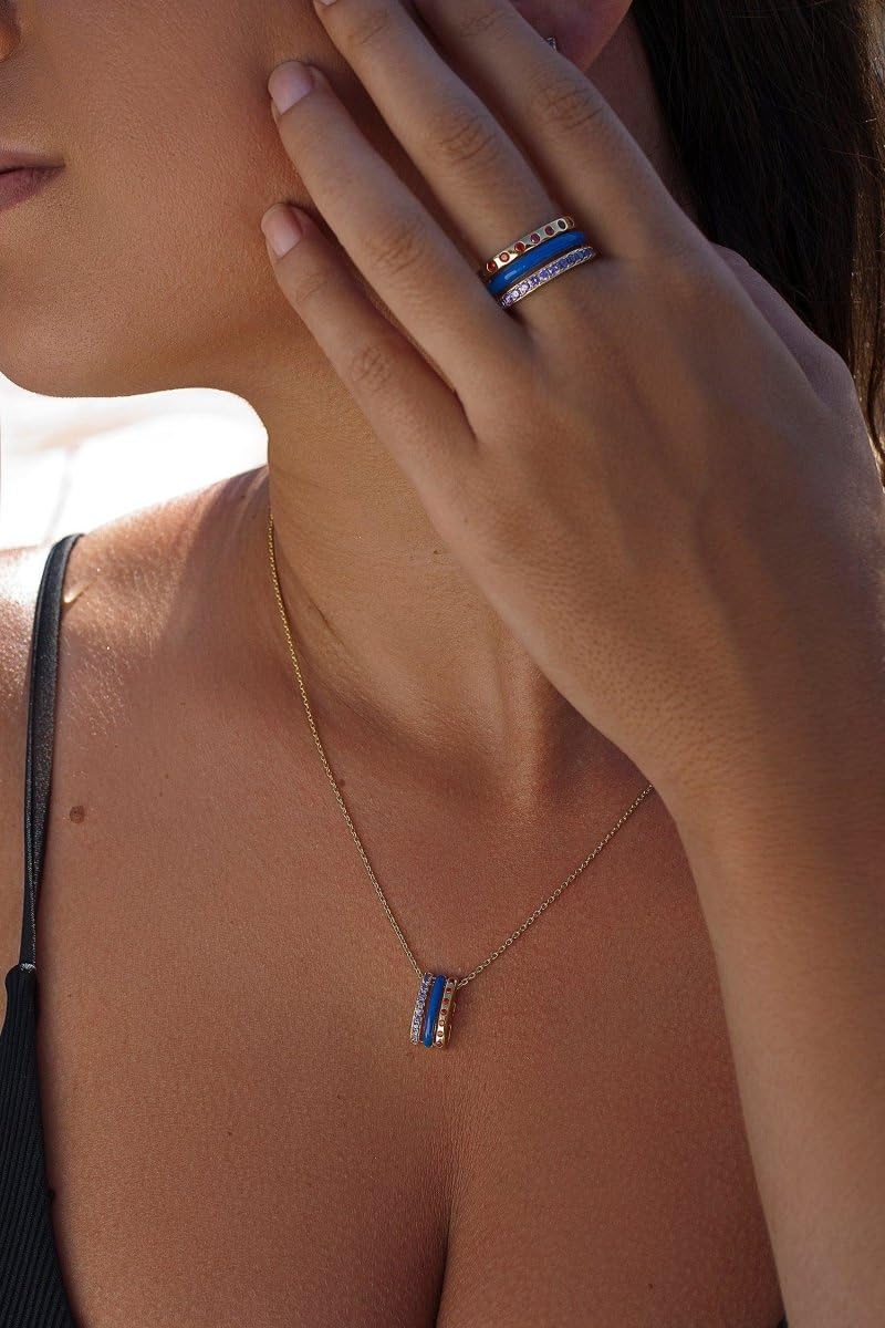 Anillos Anchos diseño Combinado de Esmalte Azul y Gemas