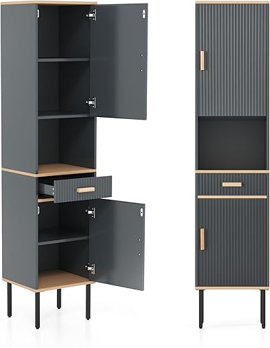 Miniatura 8 de LOKO Armario de almacenamiento alto para baño, armario de almacenamiento independiente con puertas dobles, compartimento abierto y cajón, gabinete