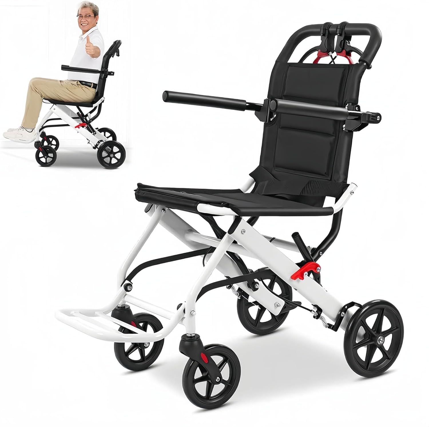 Ultralekki Wózek Inwalidzki Transportowy 6,2 kg Składany Aluminiowy, Wózek dla Seniora i Osób Niepełnosprawnych, Hamulce Opiekuna, Pas Bezpieczeństwa, Do Podróży i Codziennego Użytku