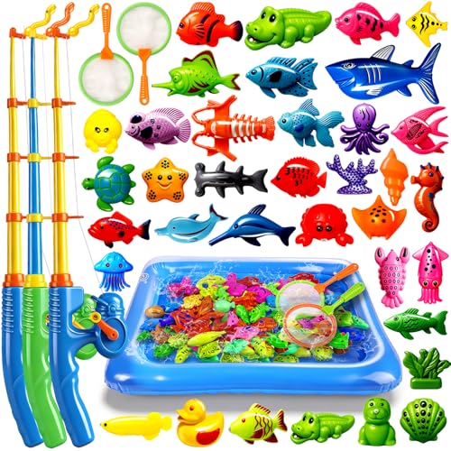 CozyBomBβ’ Magnetic Fishing Toys Game Set for Kids | Water Table Bathtub Kiddie Pool Party Pole Rod Net, Outdoor Plastic Floating Fish, Toddler Bath Color Ocean Sea Animals Easter Gift Age 3-5 6 4-8
