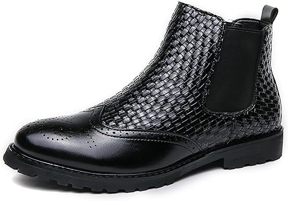Mens Woven Leather Slip On Chelsea Boots Breathable Wingtip Brogue Mid-Top Ankle Chukka Boot Lug Sole Non-Slip Work Business Dress Ankle Boots