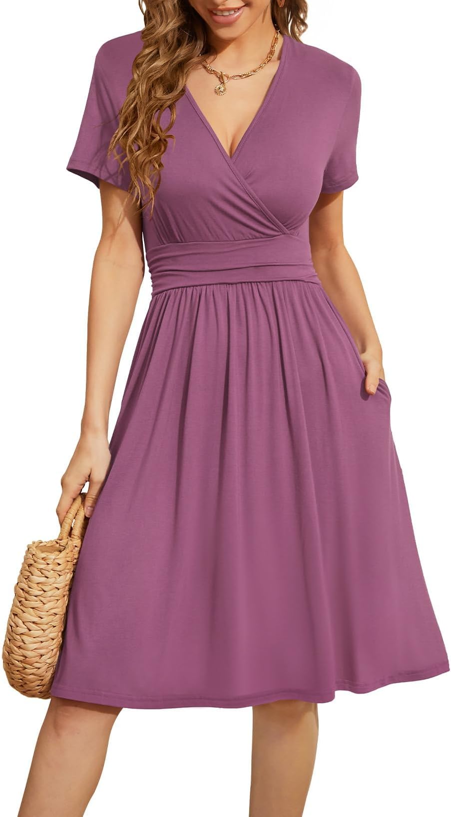 Women's Summer Short Sleeve Casual Dresses V-Neck Floral Party Dress with Pockets