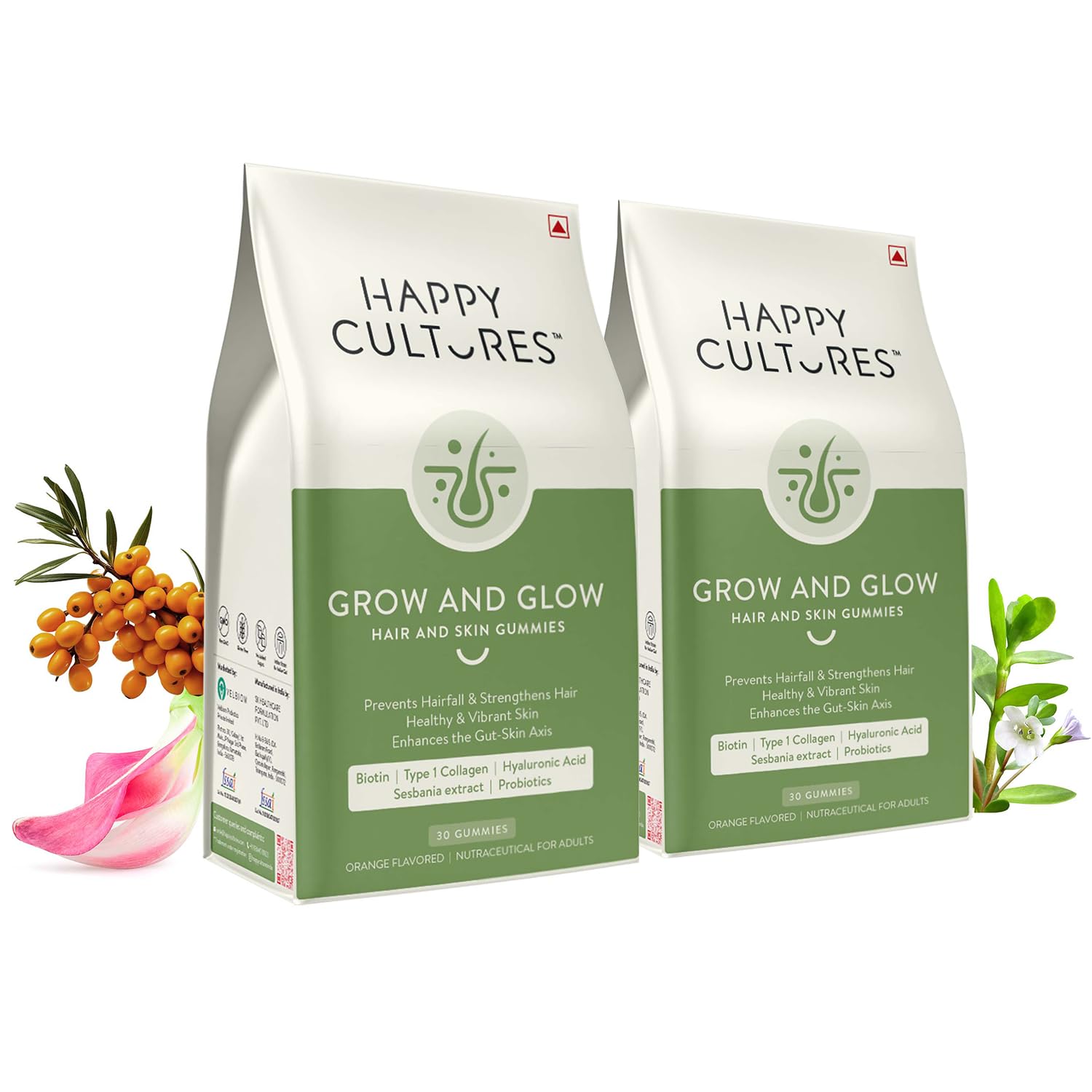 Happy Cultures Grow and Glow Gummies for Hair Growth, Skin Glow, Strong Nails Contains Biotin, Probiotics, Hyaluronic acid, Collagen, Sesbania Extract, Orange Flavor - 30 Gummies Each (Pack of 2)