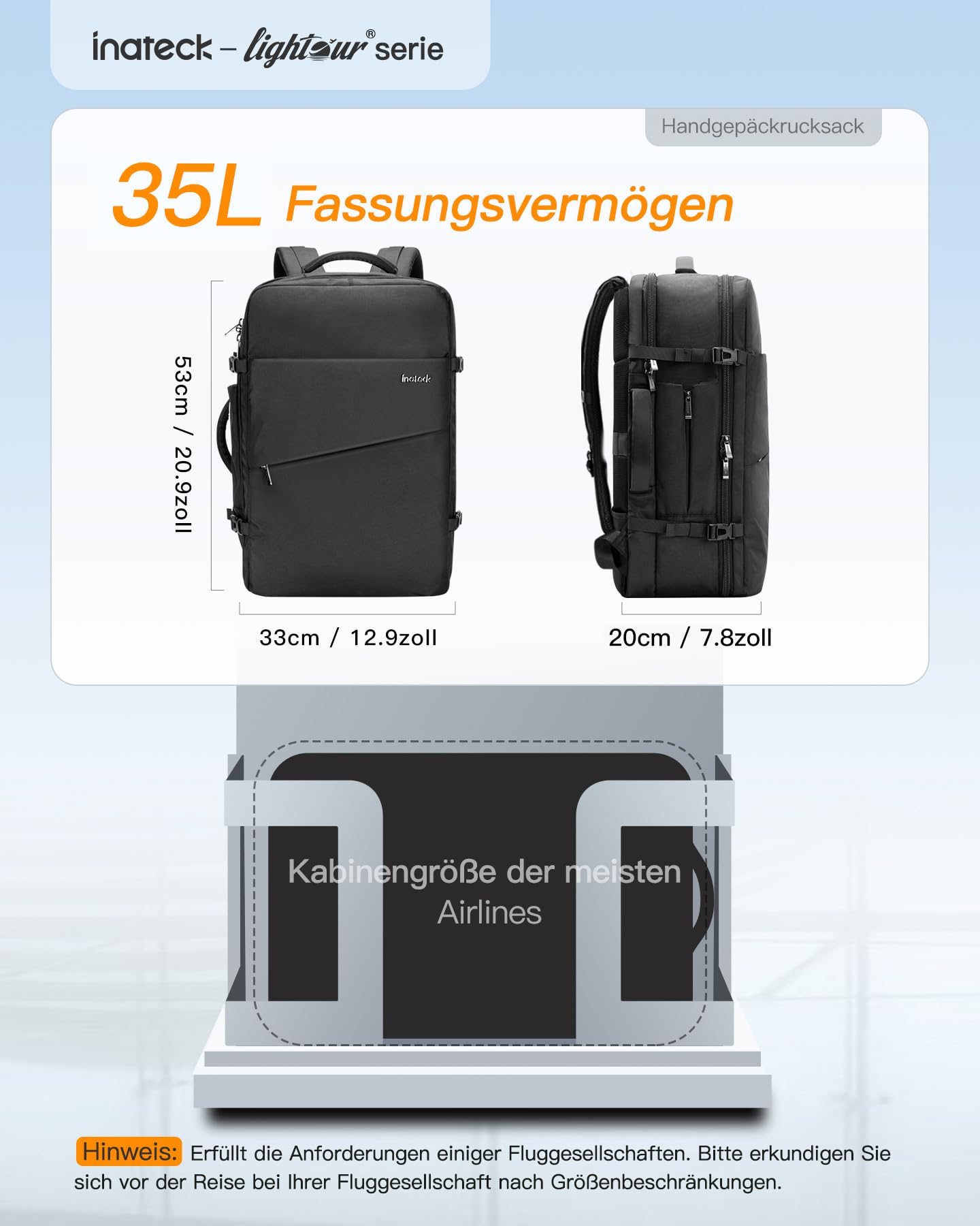 Inateck 35L Supergroßer Handgepäck Reiserucksack Laptop Rucksack für 15,6-17 Zoll Notebooks, Flug Genehmigt Kabinenrucksack für Weekender | Spritzwassergeschützt laptop backpack, für 15,6-17 Zoll Notebooks, Flug Genehmigt Kabinenrucksack, Weekender/Busine