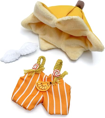 for Labubu Outfits (No Doll),17cm for Labubu Clothes Set, Cute Banana Doll Outfit with Accessories, Yellow Hat, Striped Jumpsuit and Wings