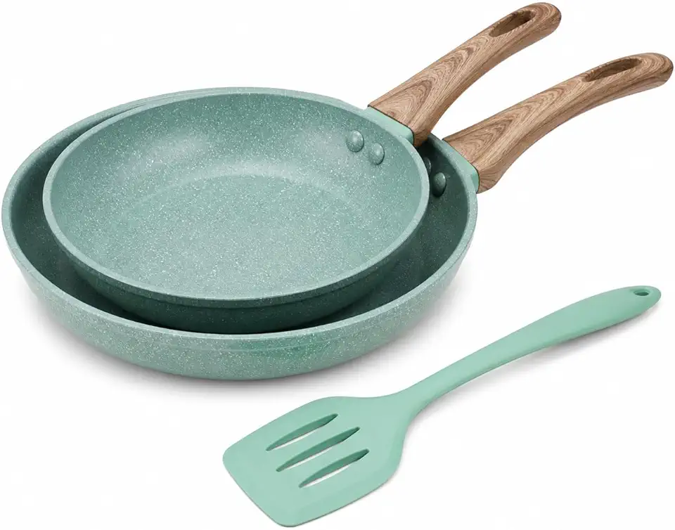 Kit 2 Frigideiras Nanocerâmicas Granito Verde com Espátula de Silicone, Alumínio Antiaderente, 20 cm e 24 cm, 3 Peças