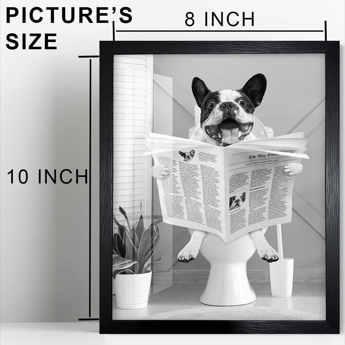 Biufo Framed Wall Art Dog on Toilet Wall Decor Canvas Print Poster Black White Picture for Bathroom Bedroom (8"x10")