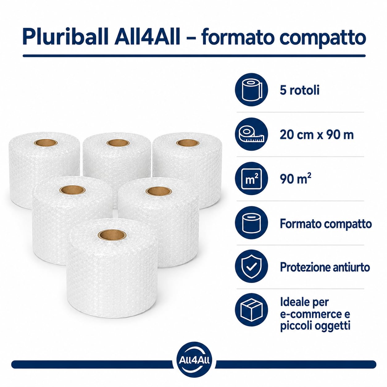 All4All Pluriball per Imballaggio – 5 Rotoli da 20 cm x 100 m, Totale 100 m², Protezione Antiurto per Spedizioni, Traslochi e Oggetti Fragili