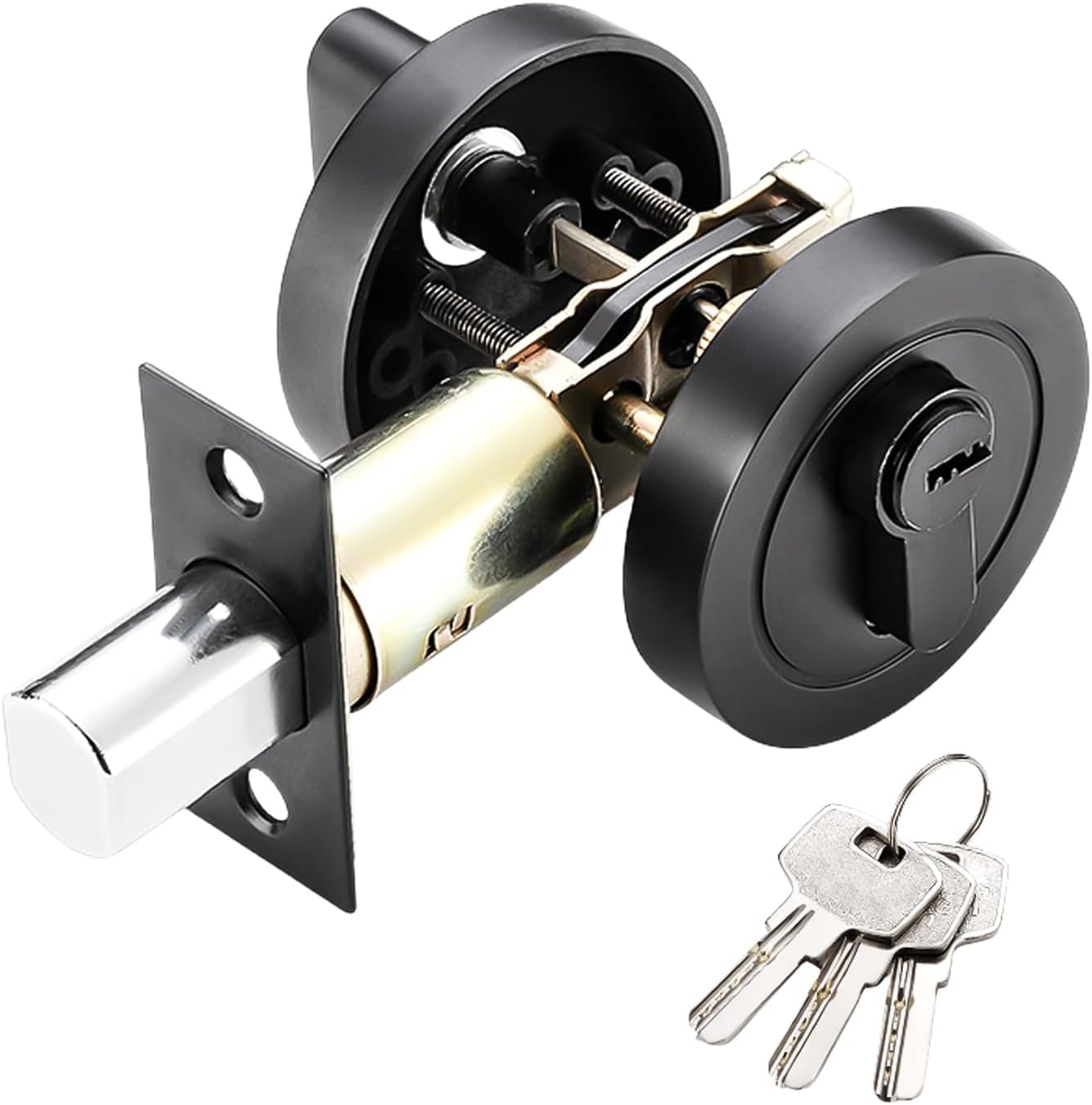 Round Deadbolt Lock: 35-55 mm Single Cylinder Deadbolt with 3 Keys, Modern Door Lock for Front, Entrance and Passage Doors (Black)