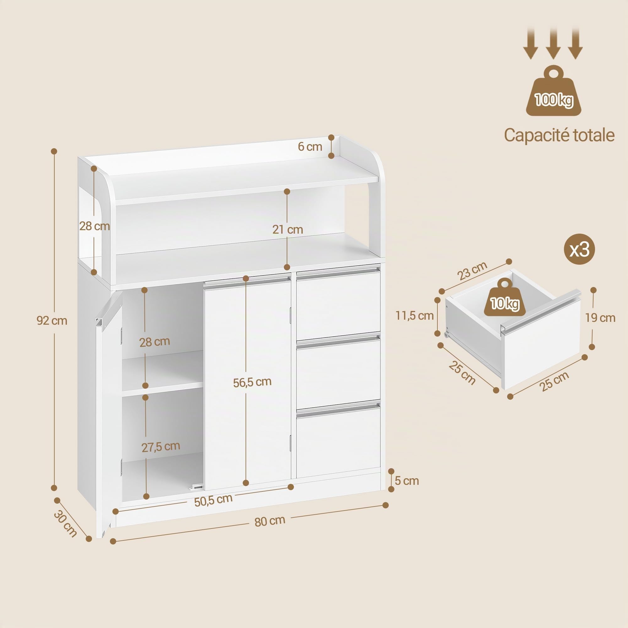 Hzuaneri Meuble Salle de Bain, Meuble de Rangement avec 3 Tiroirs et 2 Portes, Armoire sur Pied avec Étagère Réglable, Commode, Moderne, pour Salon, Salle de Bain, 30 x 80 x 92 cm Blanc 5280003X