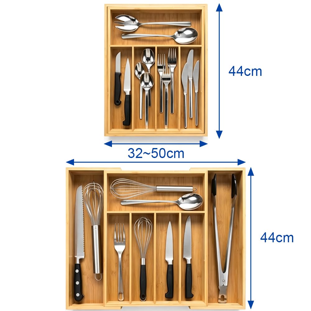 Generisch Bambus Besteckkasten – Ausziehbarer Besteckeinsatz mit 5-7 Fächern, Verstellbarer Küchenorganizer für Schubladen, Natürlicher Holz-Besteckhalter für Gabeln Messer Löffel