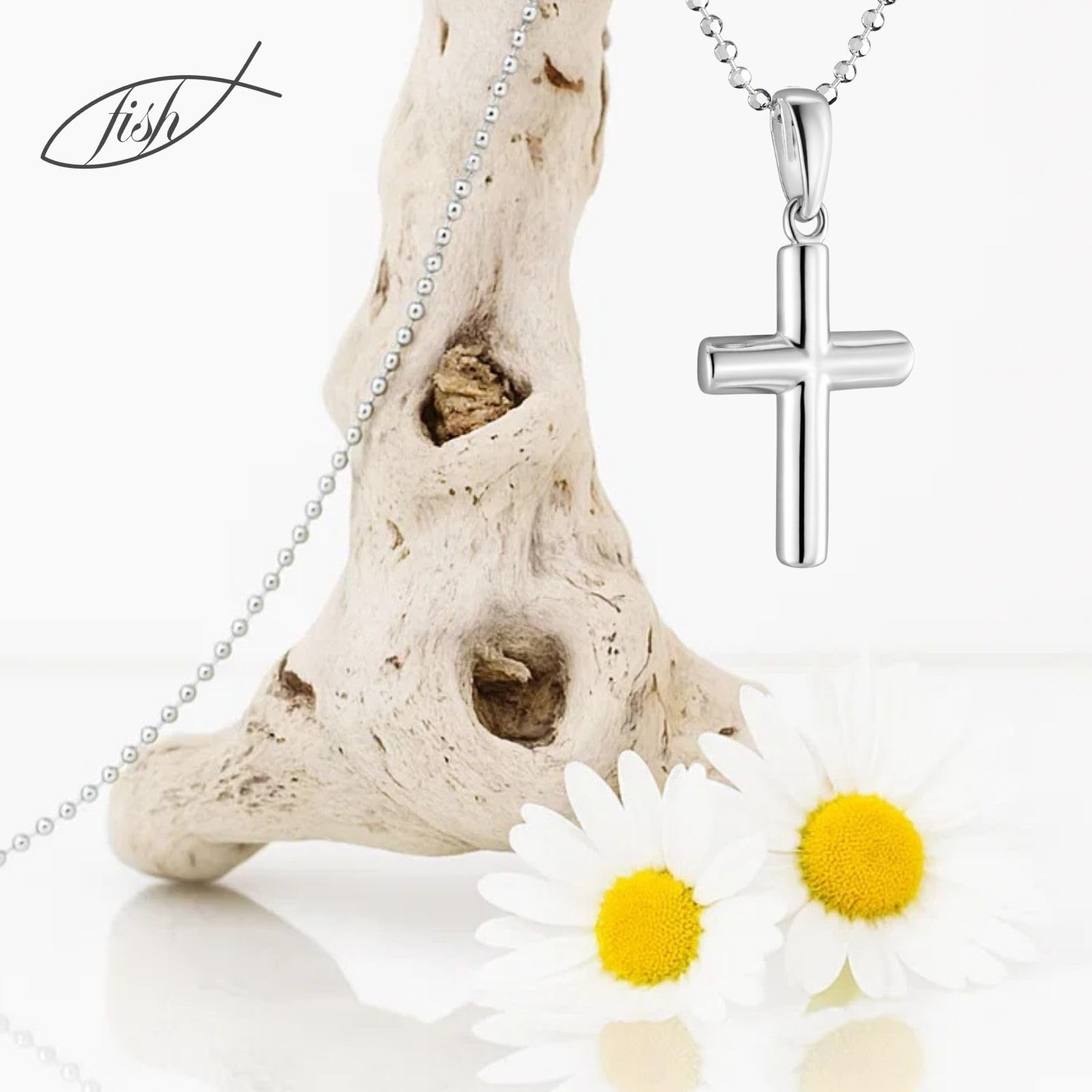 fish Cadena de plata de ley 925 para niños, colgante de cruz, longitud ajustable, estuche para regalo para niños pequeños