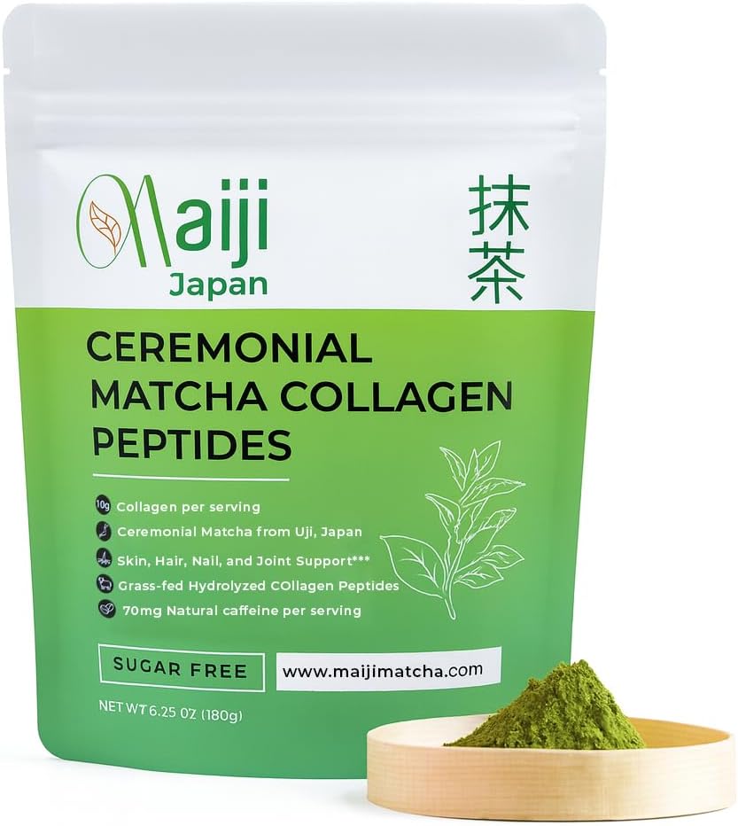 Maiji Japan Matcha Collagen Peptides Powder Supplement, Ceremonial Grade Matcha Green Tea Powder (15 Servings Bag)