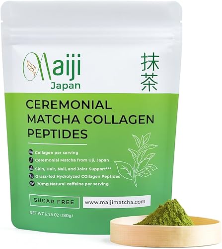 Maiji Suplemento en polvo de péptidos de colágeno de Japón Matcha, polvo de té verde matcha de grado ceremonial (bolsa de 15 porciones)