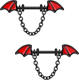 Bat Nipple Rings Bat Wings Nipple Piercing Jewelry 316L Surgical Steel Chain Nipple Rings 14G Black Nipple Barbell Nipple Shield Rings for Halloween